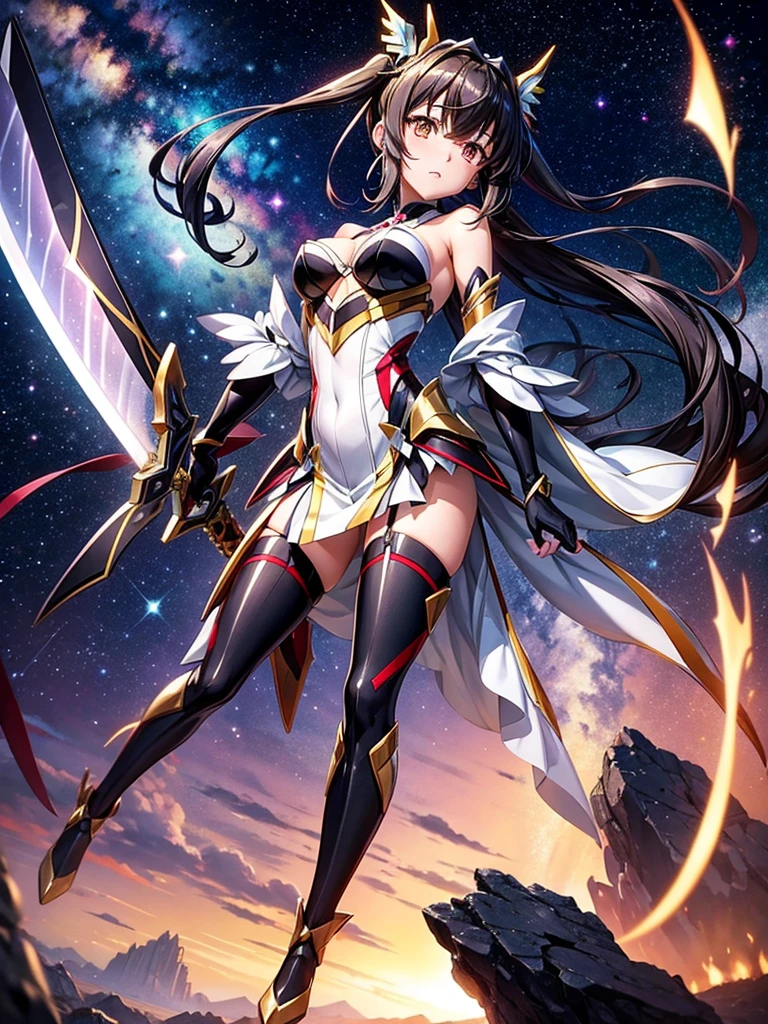 Highest quality,Highest Resolution,A beautiful girl in a metallic high-leg outfit, like Tsukuyomi Shirabe from Symphogear,Earth Behind,universe,Milky Way,Black Hair,Sword１I have it in my hand,