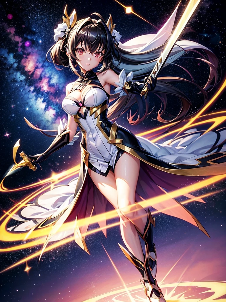 Highest quality,Highest Resolution,A beautiful girl in a metallic high-leg outfit, like Tsukuyomi Shirabe from Symphogear,Earth Behind,universe,Milky Way,Black Hair,Sword1I have it in my hand,