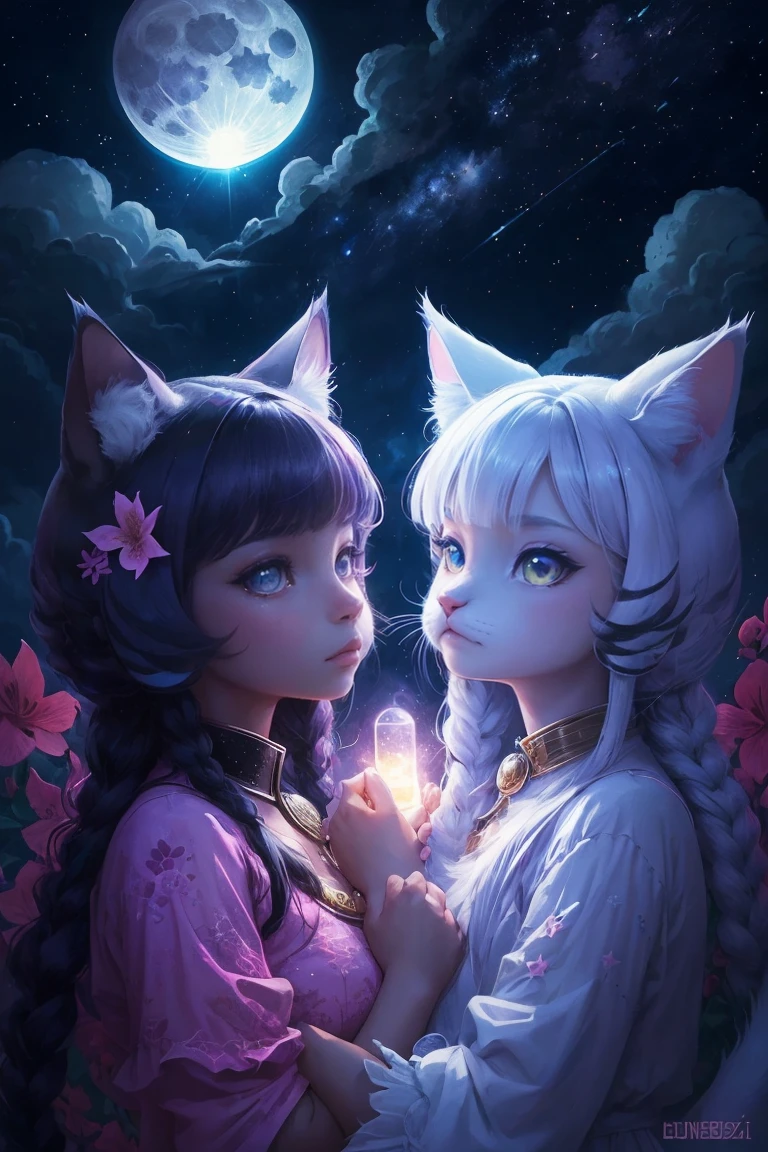 two cats in the moonlight with stars and clouds, jen bartel, by Kubisi art, 🌺 cgsociety, by Ryan Yee, night starry sky full of cats, beeple and jeremiah ketner, by Eizan Kikukawa, cats cat dreamcats, very very beautiful furry art, cat cat dreamcats, by Kun Can, by Ni Tian