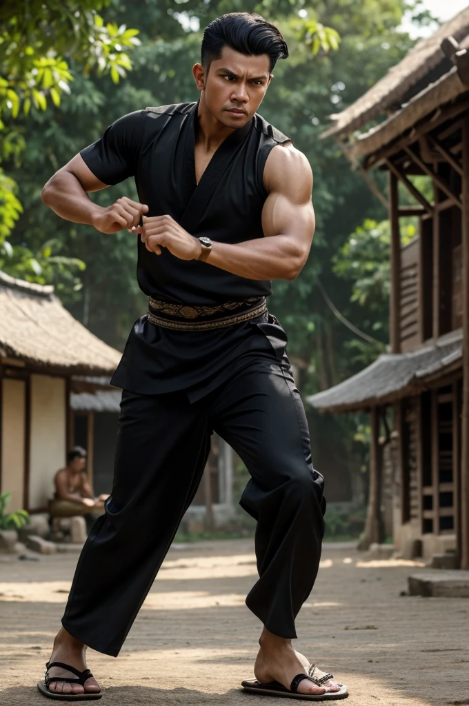 ((best quality)), ((masterpiece)), (detailed), perfect face 4K realistic, 30mm bokeh, motion blur, a man character with short modern quiff wavy hairstyles, dark hair, wearing a black malay ‘silat’ attire with pants and sandal, he has a lean muscle, with angry face, silat warrior pose, fighting in a village
