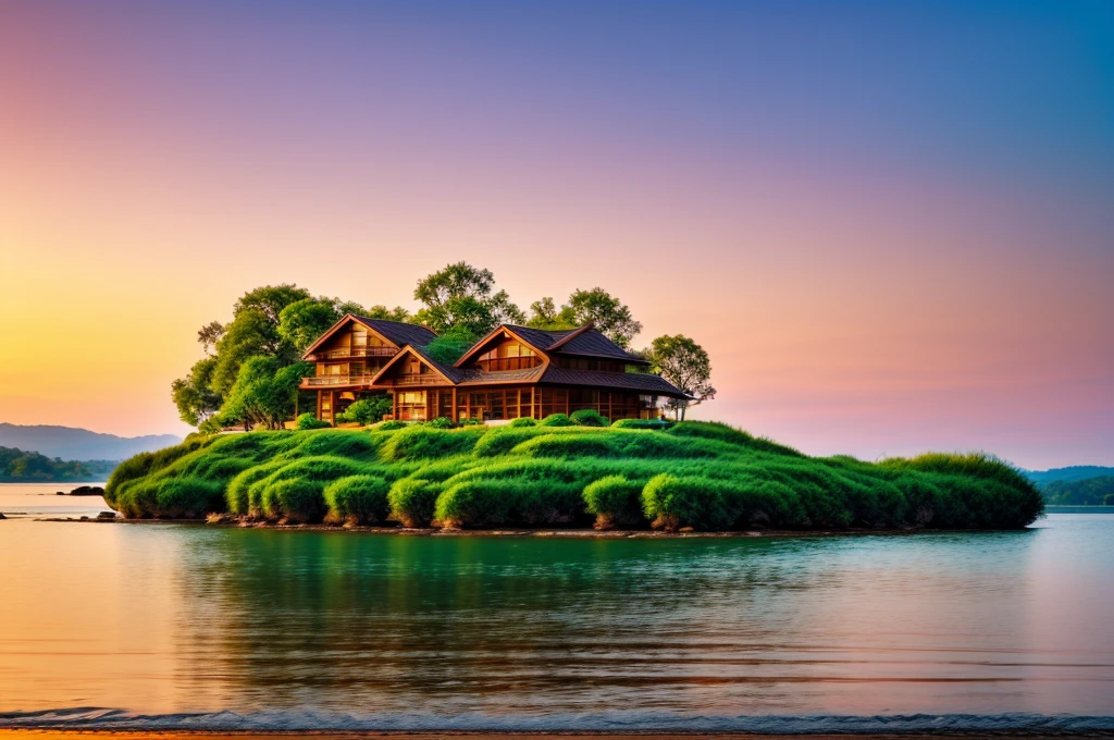 Resort house with lake with lotus flowers, cherry blossom, house in the forest canopy, realistic colors, realistic tree, light in the early morning