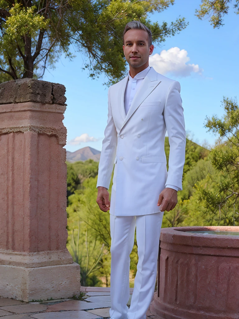 Elegant man, strong physique, white robe, white colored Arabian pants, light blue noble blouse, white boots, messy light blue hair, look of satisfaction, short hair, dark blue colored eyes, noble appearance, ancient castle, man, male Todder8