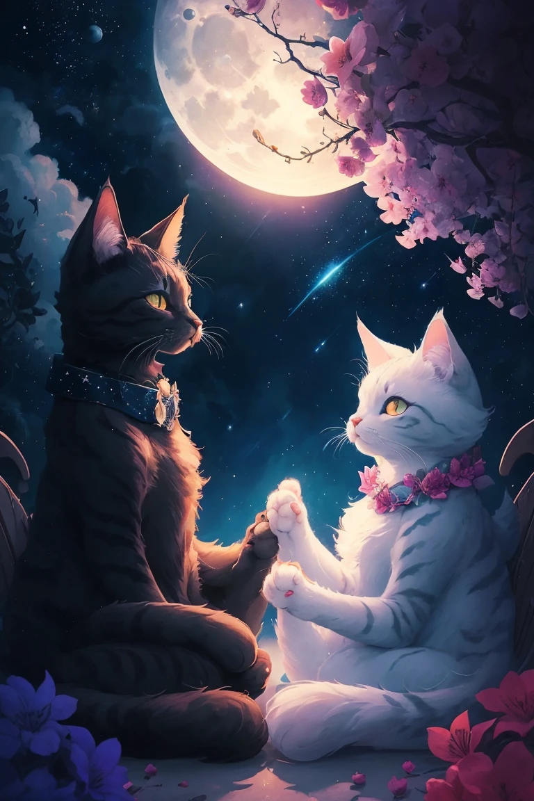two cats in the moonlight with stars and clouds, poster art by Kubisi art, trending on cgsociety, furry art, jen bartel, 🌺 cgsociety, night starry sky full of cats, beeple and jeremiah ketner, cats cat dreamcats, very very beautiful furry art, cat cat dreamcats, beautiful illustration, digital art on pixiv