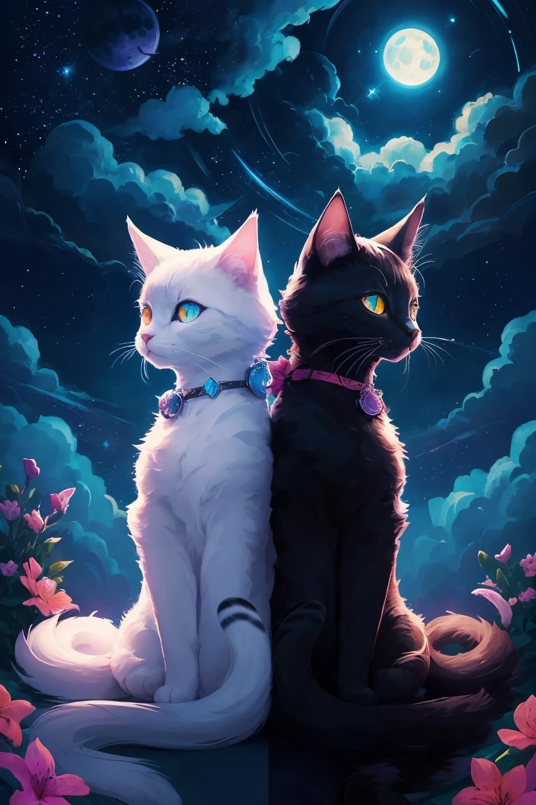 two cats in the moonlight with stars and clouds, poster art by Kubisi art, trending on cgsociety, furry art, jen bartel, 🌺 cgsociety, night starry sky full of cats, beeple and jeremiah ketner, cats cat dreamcats, very very beautiful furry art, cat cat dreamcats, beautiful illustration, digital art on pixiv