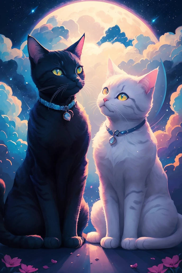 two cats in the moonlight with stars and clouds, poster art by Kubisi art, trending on cgsociety, furry art, jen bartel, 🌺 cgsociety, night starry sky full of cats, beeple and jeremiah ketner, cats cat dreamcats, very very beautiful furry art, cat cat dreamcats, beautiful illustration, digital art on pixiv