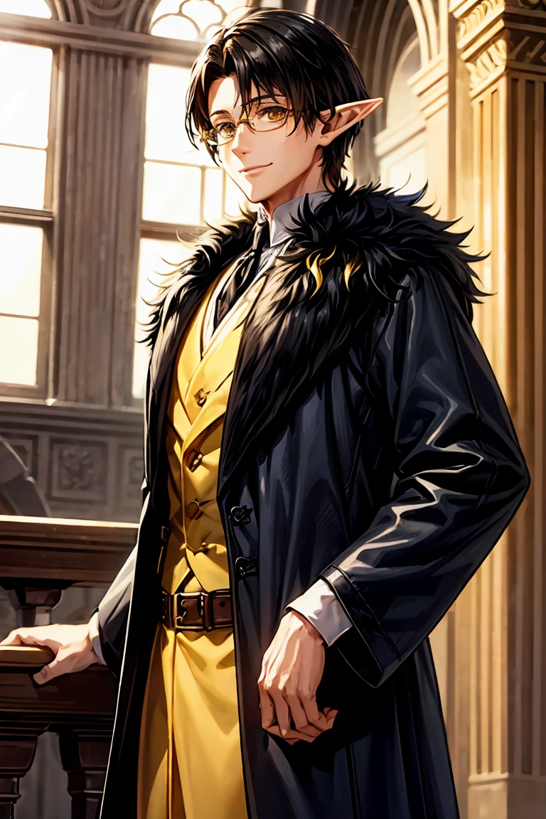 A half-elf man, high, Delgado, very pale skin, black fur, golden locks, short hair, golden colored eyes, light semi-formal cloDelgadog. glasses. very Delgado man. very beautiful man. Medieval world, background of an elegant castle, Confident smile, The clothes have a style, black hair with yellow highlights