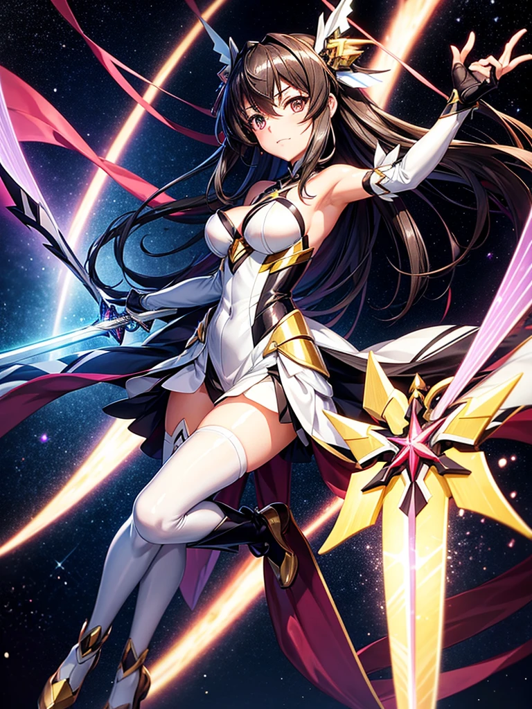 Highest quality,Highest Resolution,A beautiful girl in a metallic high-leg outfit, like Tsukuyomi Shirabe from Symphogear,Earth Behind,universe,Milky Way,Black Hair,Sword１I have it in my hand,