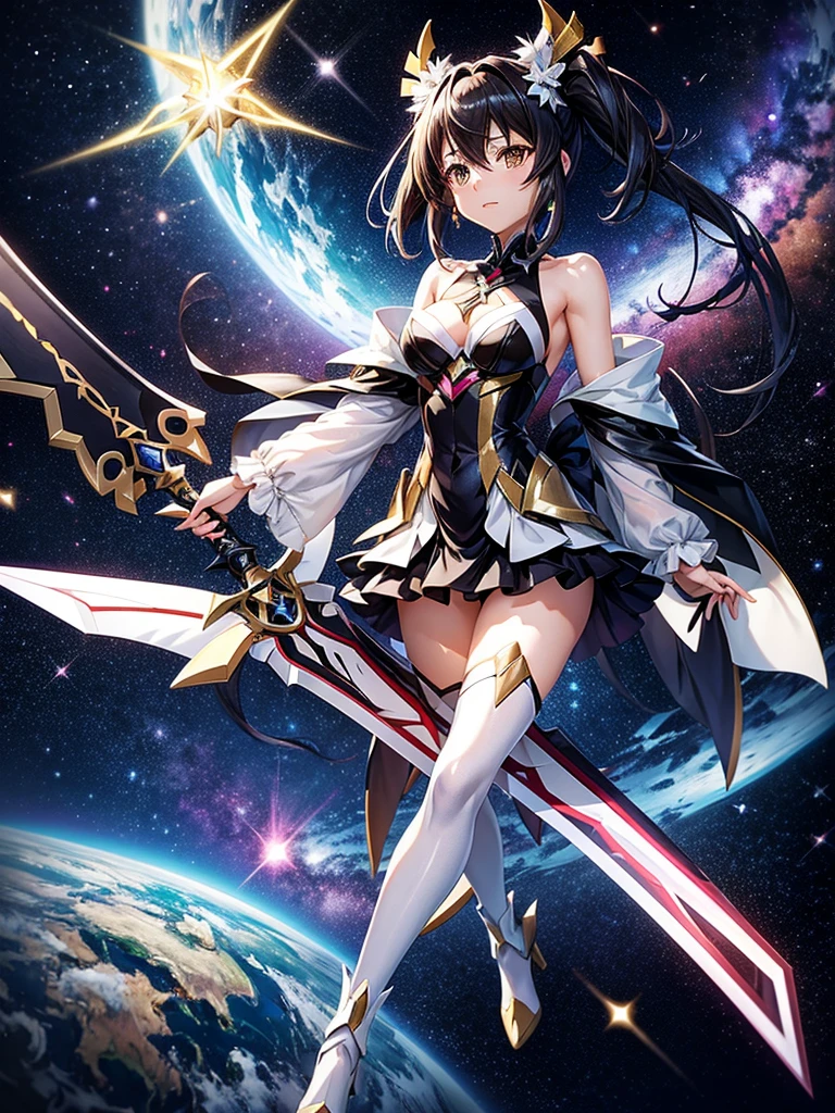 Highest quality,Highest Resolution,A beautiful girl in a metallic high-leg outfit, like Tsukuyomi Shirabe from Symphogear,Earth Behind,universe,Milky Way,Black Hair,Sword1I have it in my hand,