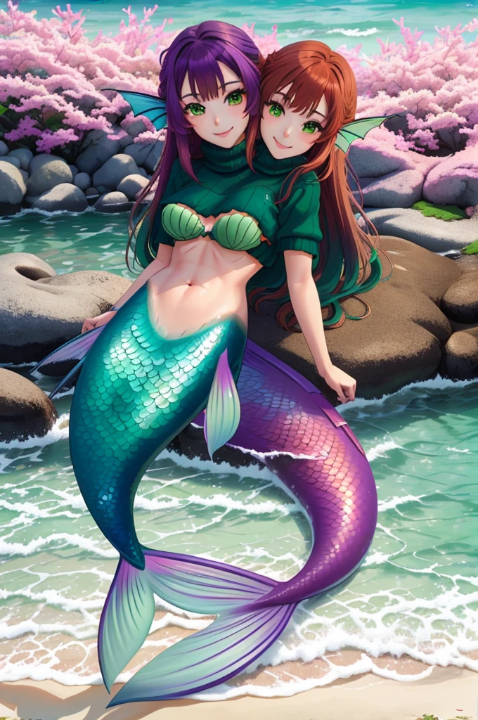 masterpiece, best quality:1.2), 1girl, smile, looking at viewer, green eyes, short brown multicolored hair, green hair, mermaid, mermaid girl, wearing purple seashell bra, laying on beach, colorful mermaid tail, outdoors, head fins, fin ears, under cherry blossoms, conjoined, (two heads: 1,5), two-headed