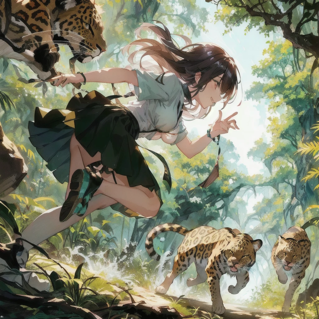 Anime girl running through the jungle with a fanged leopard, Crazy Smile,Anime fantasy illustration, 2. 5 d cgi Anime fantasy artwork, Anime fantasy artwork, Anime Style 4k, 4K Manga Wallpapers, Fantasy art style, Beautiful anime art, Anime illustration, Fantasy-style anime, Anime Nature, anime art wallpaper 4k, anime art wallpaper 4k, Detailed digital anime art