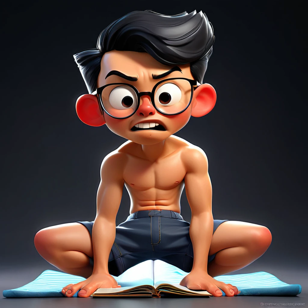 Cartoonish caricature full body with a big head An 20yo Indonesian man short black hair with some gray,a square face with defined jawline, wearing black thick-rimmed glasses, medium-sized eyes with thick eyebrows, medium-sized nose, slightly open mouth.Lay on the floor. Dark blue mattress, yellow pillow, blue eyes, cute, sweet, excited. Wearing children's shorts. You can see several books on the floor. Gradient black background with professional lighting. masterpiece, top quality, skin and face very detailed, ultra-realistic, high definition, studio lighting, sharp focus, detailed photography, photo portraits