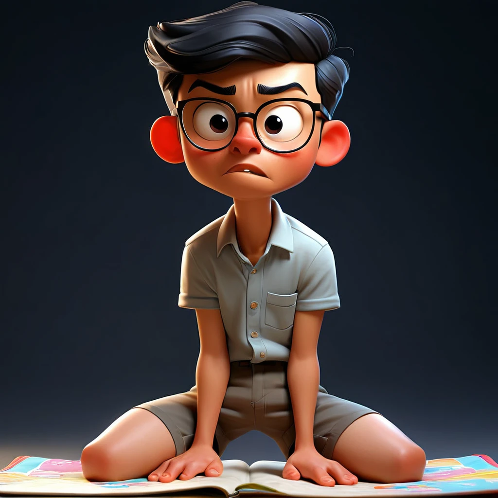 Cartoonish caricature full body with a big head An 20yo Indonesian man short black hair with some gray,a square face with defined jawline, wearing black thick-rimmed glasses, medium-sized eyes with thick eyebrows, medium-sized nose, slightly open mouth.Lay on the floor. Dark blue mattress, yellow pillow, blue eyes, cute, sweet, excited. Wearing children's shorts. You can see several books on the floor. Gradient black background with professional lighting. masterpiece, top quality, skin and face very detailed, ultra-realistic, high definition, studio lighting, sharp focus, detailed photography, photo portraits