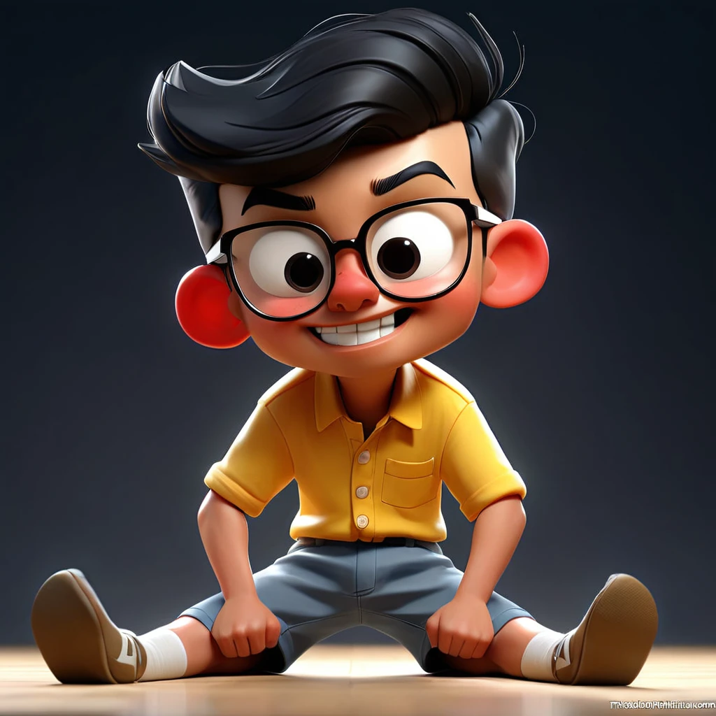 Cartoonish caricature full body with a big head An 20yo Indonesian man short black hair with some gray,a square face with defined jawline, wearing black thick-rimmed glasses, medium-sized eyes with thick eyebrows, medium-sized nose, slightly open mouth.Lay on the floor. Dark blue mattress, yellow pillow, blue eyes, cute, sweet, excited. Wearing children's shorts. You can see several books on the floor. Gradient black background with professional lighting. masterpiece, top quality, skin and face very detailed, ultra-realistic, high definition, studio lighting, sharp focus, detailed photography, photo portraits