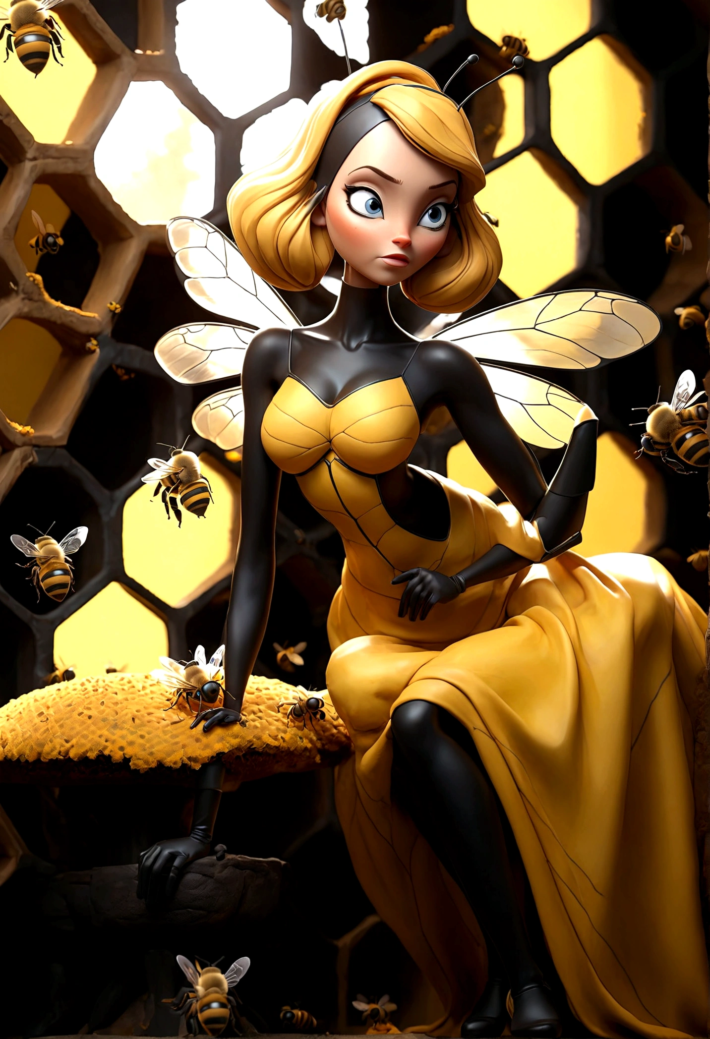 the queen of the bees (lovely woman, regal bee themed dress, ornate honeycomb throne) set within a massive fantasy beehive, she is attended to by many (bee|woman) drones (bee themed body paint)