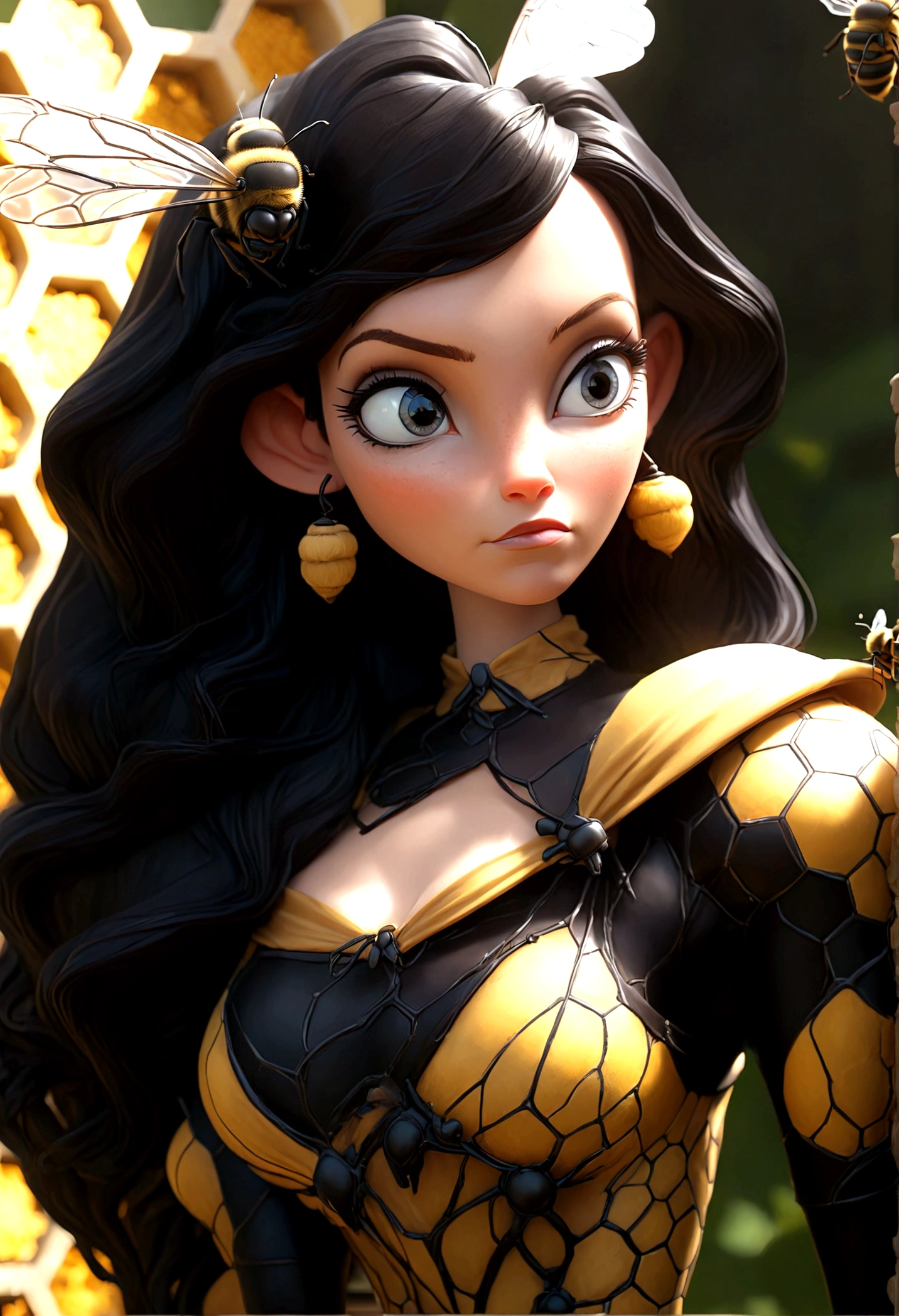 the queen of the bees (lovely woman, regal bee themed dress, ornate honeycomb throne) set within a massive fantasy beehive, she is attended to by many (bee|woman) drones (bee themed body paint)