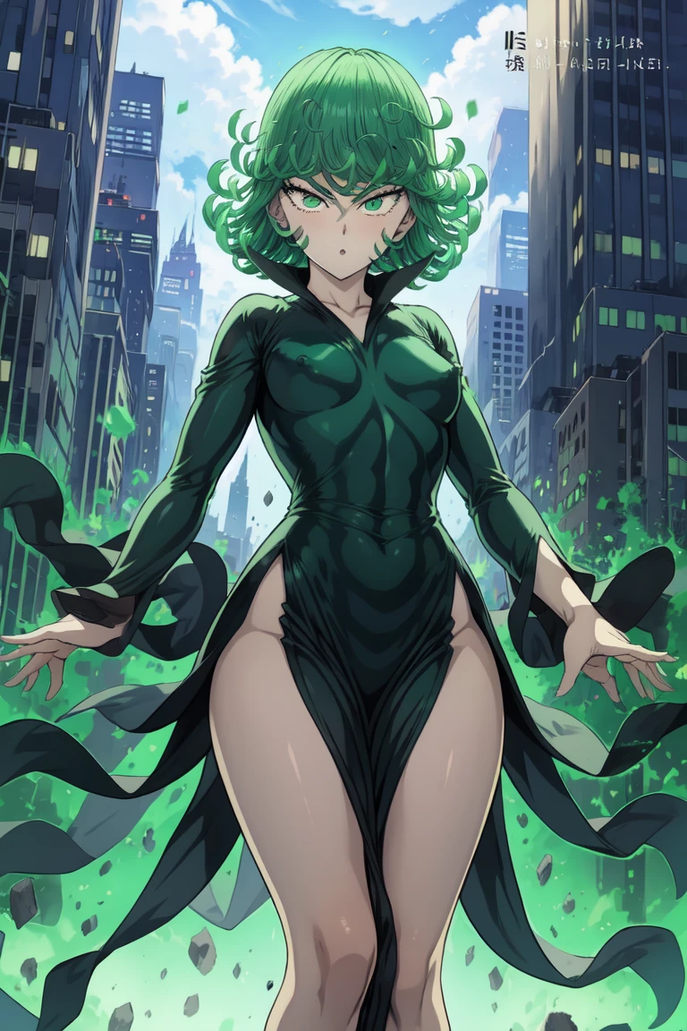 (((huge ass))) beautiful and cute lady, (slim), (big ass), (thin waist), (bare ass), 8k, Tatsumaki of a one-punch man, short green hair, green eyes, medium chest, full body view, ((wearing a torn black dress with a V-neck, long sleeves and four high-cut leg slits)), angry, Standing in a destroyed city, Dynamic view, ((muscular legs)) , barefoot