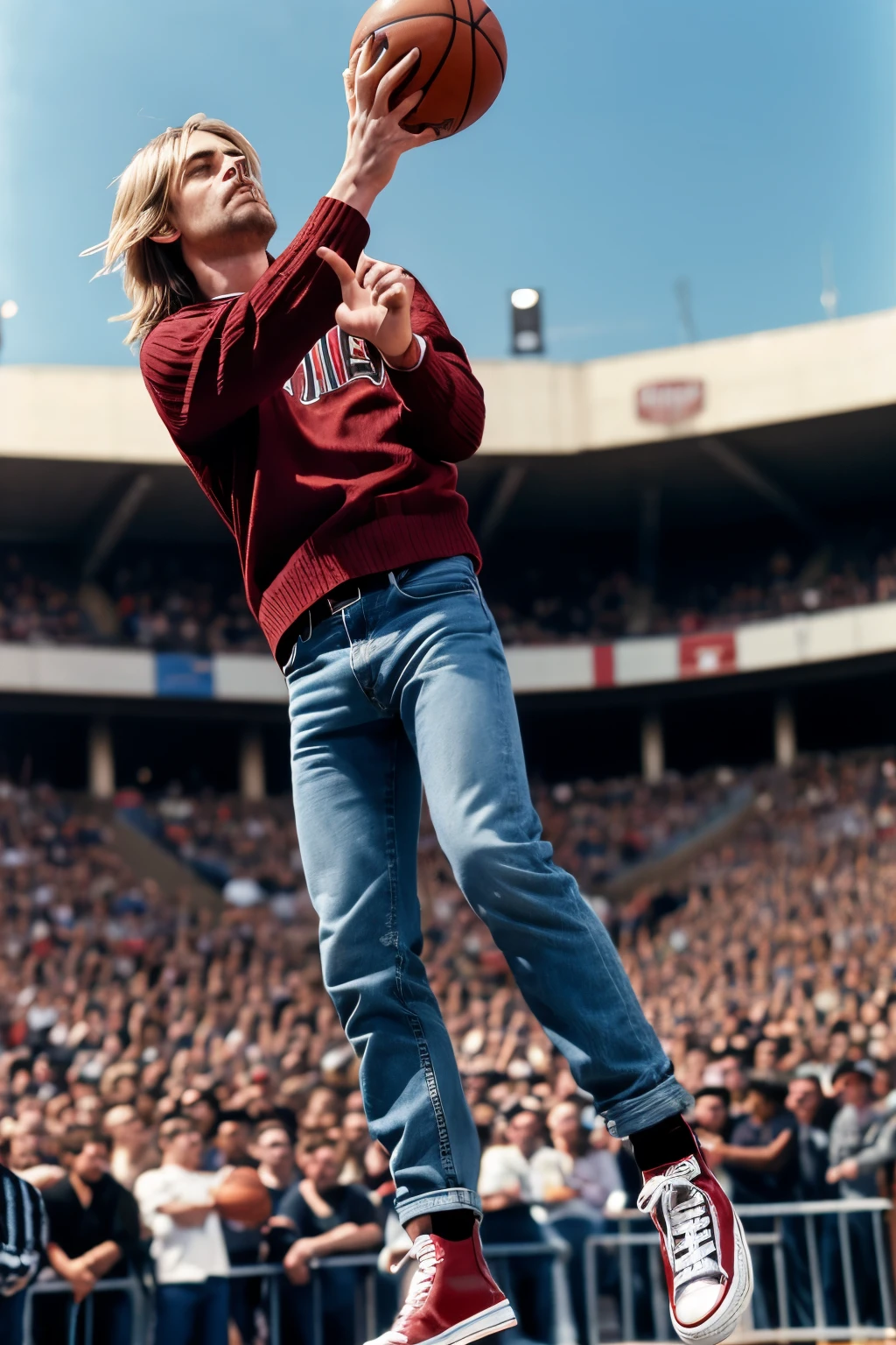 Kurt Cobain, with dark red sweater with black stripes, loose gray jean, and converse shoes, in the air about to make a basket with a basketball, in front of a concert.