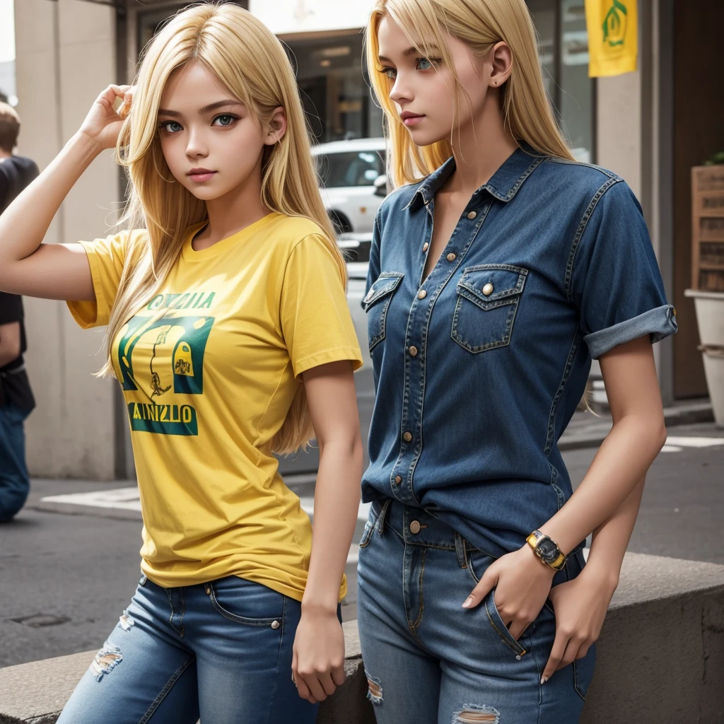 cute girl,blond hair,yellow eyes,brazil t-shirt,navy blue denim pants