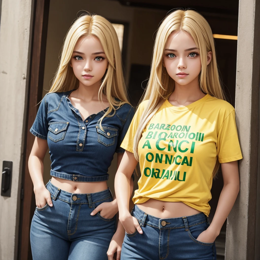 cute girl,blond hair,yellow eyes,brazil t-shirt,navy blue denim pants