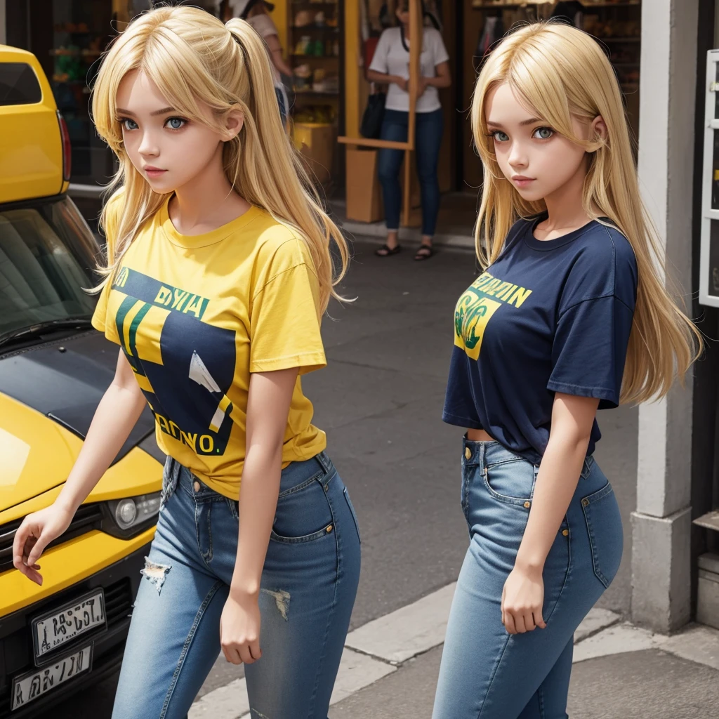 cute girl,blond hair,yellow eyes,brazil t-shirt,navy blue denim pants