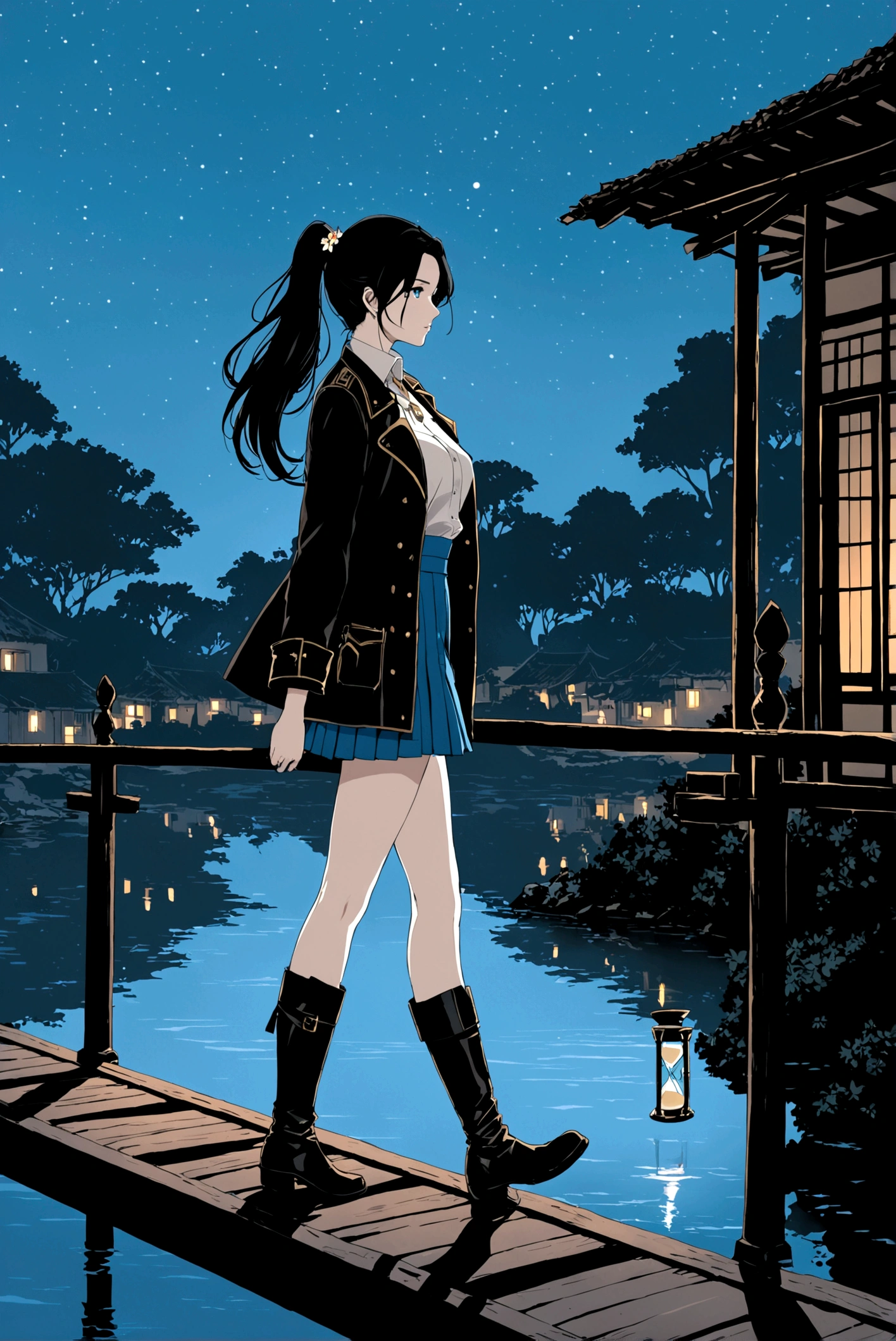 A beautiful woman, 18 years old, in an old colonial style house, in a village, night, walking, crossing a bridge over a cabal, silhouette reflecting in the water, in profile, focus on the right profile, indifferent, expressionless, hair waving in the wind, /(white skin, extremely long straight jet black hair combed in a ponytail, topaz blue eyes, ), /(plain pleated mini skirt with flower patterns, light thigh-high stockings held up by garters, leather boots, full body coat, hair brooch,), /(shapely legs, athletic hourglass body, medium hips, medium waist, large chest, perfect tapered hands, triangular face, long fingers, Greek nose,),