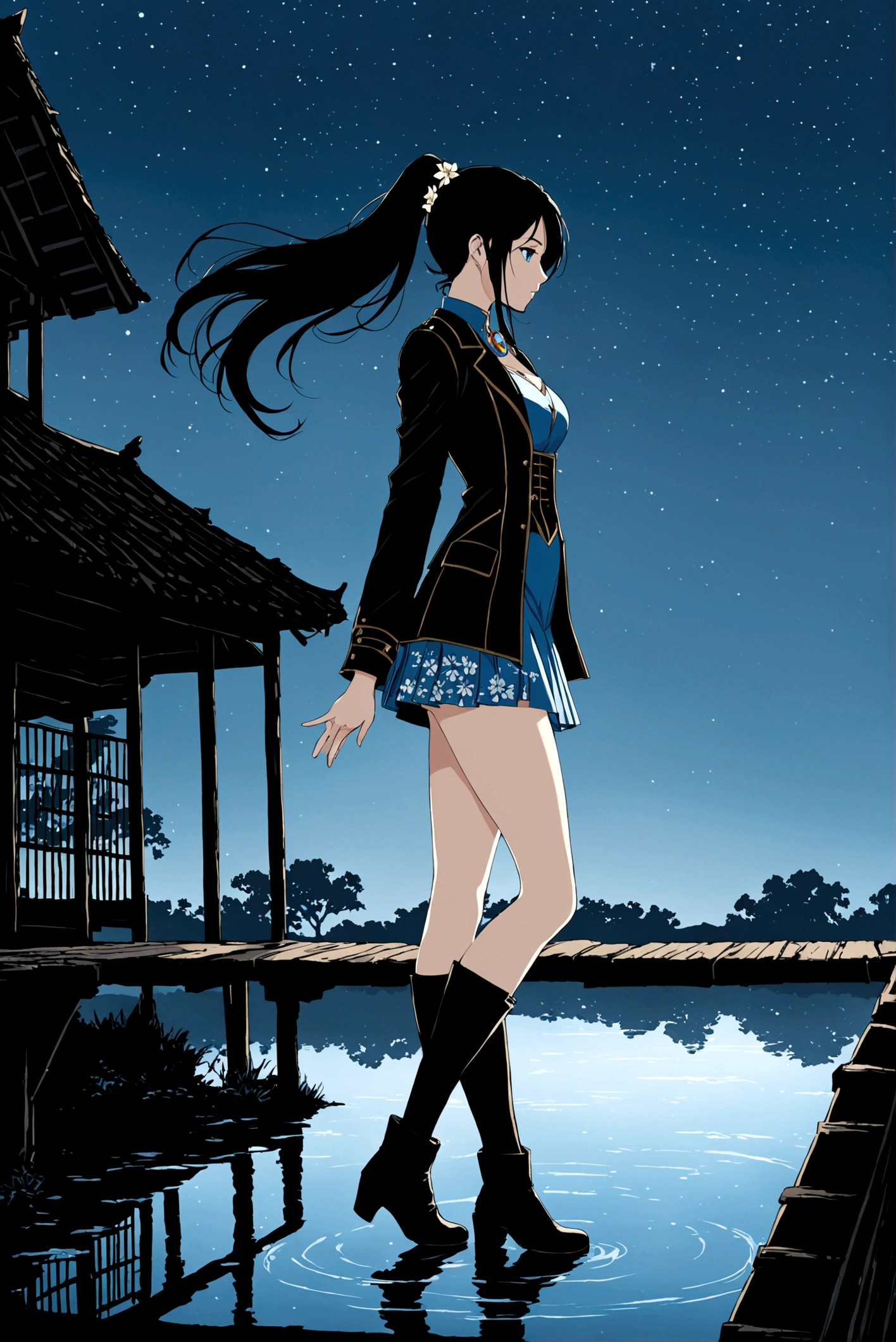 A beautiful woman, 18 years old, in an old colonial style house, in a village, night, walking, crossing a bridge over a cabal, silhouette reflecting in the water, in profile, focus on the right profile, indifferent, expressionless, hair waving in the wind, /(white skin, extremely long straight jet black hair combed in a ponytail, topaz blue eyes, ), /(plain pleated mini skirt with flower patterns, light thigh-high stockings held up by garters, leather boots, full body coat, hair brooch,), /(shapely legs, athletic hourglass body, medium hips, medium waist, large chest, perfect tapered hands, triangular face, long fingers, Greek nose,),