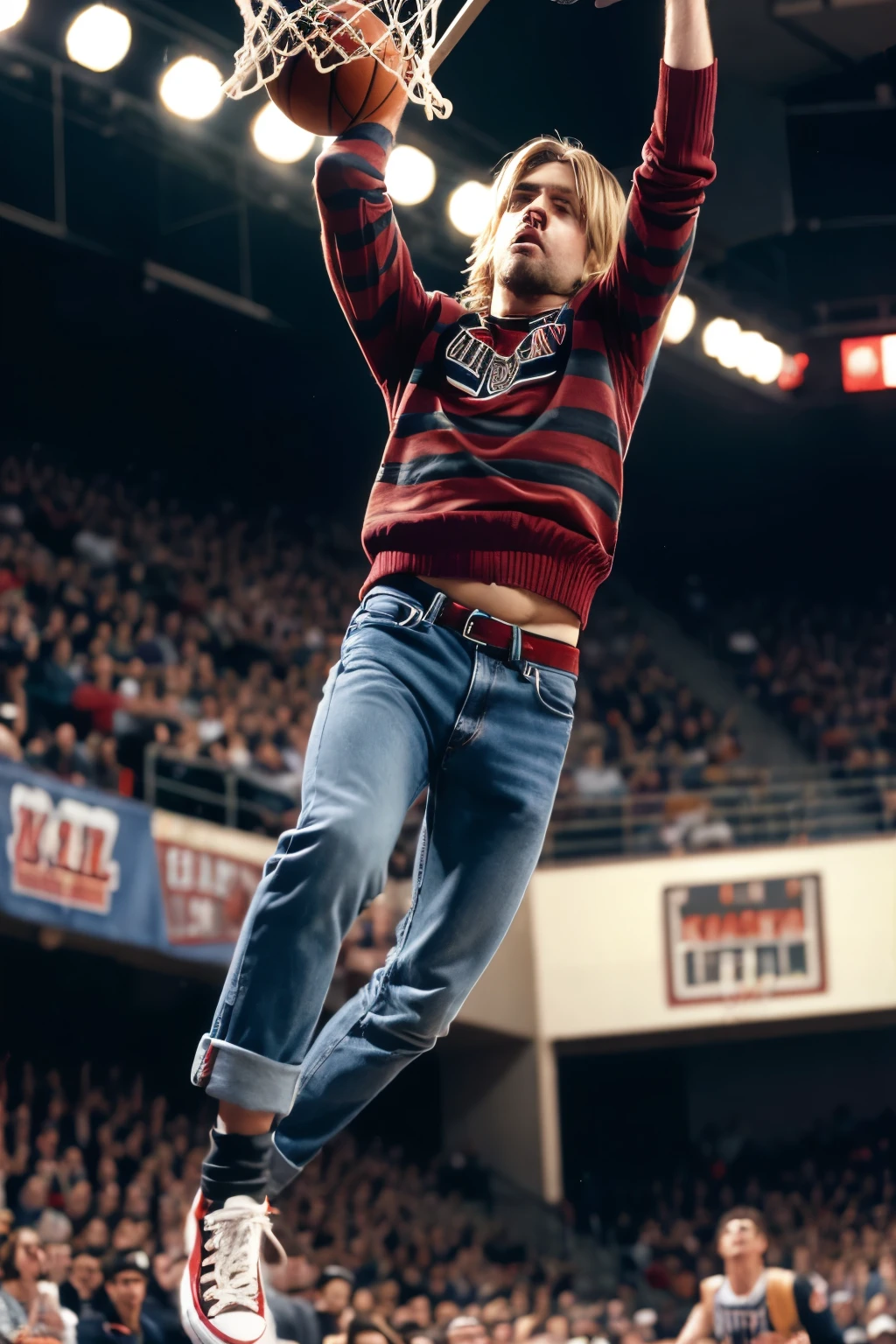 Kurt Cobain, with dark red sweater with black stripes, loose gray jean, and converse shoes, in the air about to make a basket with a basketball, in front of a concert.
