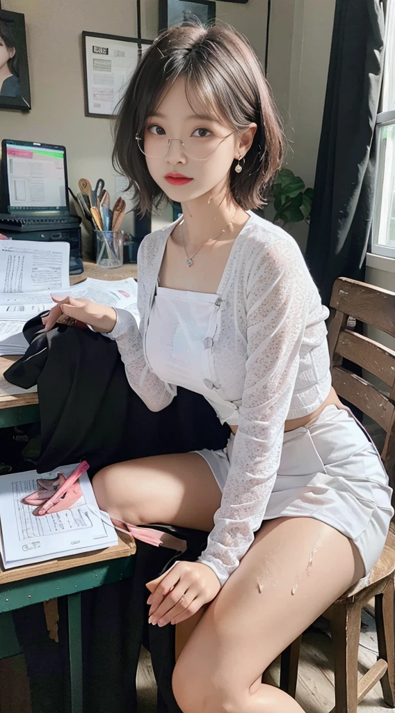 Top image quality、fullbody photo ,Raw photography、超A high resolution、18-year-old Korean、Glasses beauty、Colossal tits:1.3、medium breast、White sleeve shirt、open buttons, white lance bra,Tight sheer shirt、acmmsayarma green long skirt、green long skort,fair white skin、shiny white skin、(short bobbed hair)、bright silver hair、bright white hair、Beautiful eyes with random colors、very thin lips、beautiful eyes finely detailed、elongated eyes、pale pink blush、long eyeslashes、Beautiful double eyelids、eyeshadows、a necklace、earrings、acmmsayarma outfit、Classromm Desk、Fashionable glasses、Lighting that emphasizes beautiful skin、wet shirt