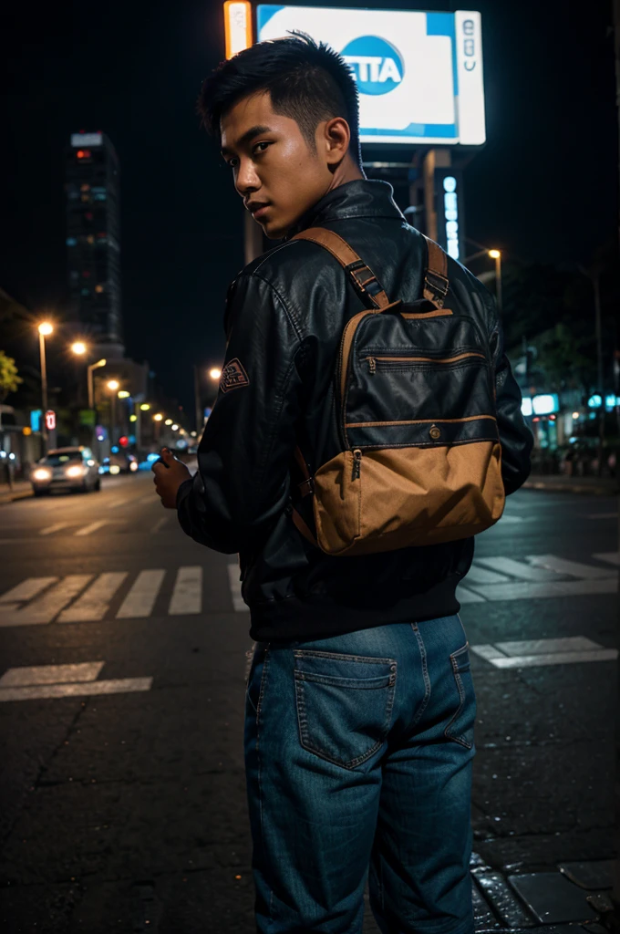 Ultra detail a young Indonesian man cool short hair wear jacket rock carry hardcase guitar on his back with calm face, background city at night, full body, low light