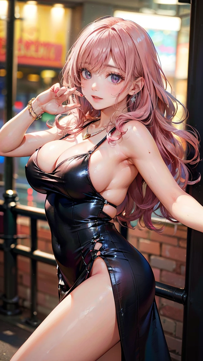 (Masterpiece, BestQuality:1.3), (ultra detailed:1.2), (hyperrealistic:1.3), (RAW photo:1.2), High detail RAW color photo, professional photograph, (Photorealistic:1.4), (realistic:1.4), (Pink Hair:1.5), professional lighting, perfect anatomy, (Big Breasts:1.2), (blush, detailed face), (A happy smile:1.7), Trending Hair&Trending Hairカラーをランダムに, earrings, necklace, bracelet, sexly, erotic sexly, Random sexy gravure poses, (Sexy beauty in a tight black dress、Dancing in a night club、Wavy long hair、Provocative smile、One hand raised。:1.3)