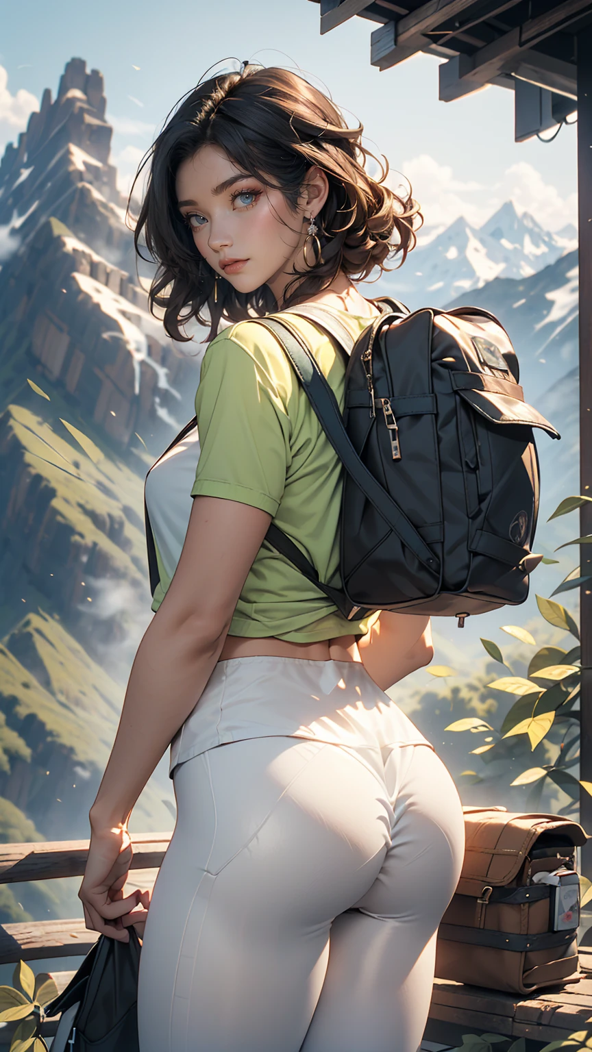 (8K, RAW photos, best quality, masterpiece:1.2), (realistic, photo-realistic:1.3)、((1 woman)), A 20-year-old Japanese woman with a beautiful face. clean and white skin, hair is gray、Eye color is dark blue, laugh, high definition face, Curly short hair, (((mountain climbing))), (((Hiking clothes top and bag, Looking back wearing white leggings.))), buttocks emphasis, from bottom to top, glowing skin, photometry, (((slim body))), vivid colors,