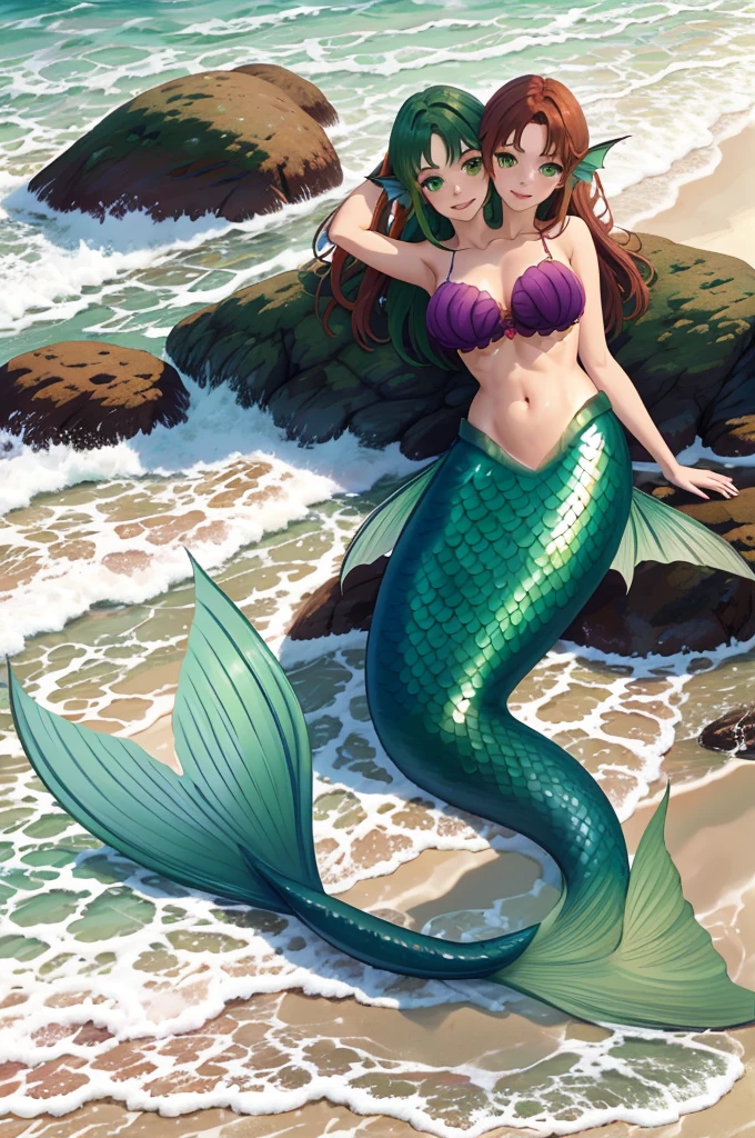 masterpiece, best quality:1.2), 1girl, smile, looking at viewer, green eyes, short brown multicolored hair, green hair, mermaid, mermaid girl, wearing purple seashell bra, laying on beach, colorful mermaid tail, outdoors, head fins, fin ears, under cherry blossoms, conjoined, (two heads: 1,5), two-headed