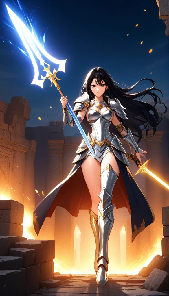 "(best quality: 1.2), masterpiece, 8K UHD super detailed, ((official art)), cg, 1 giant goddess of war, standing tall on the scene, her huge legs she stands steadfast amidst the ruins of fallen empires, (pose dynamic: 1.3), intricately detailed armor reflects the very heart of the conflict, (meticulous detail), blazing light radiant, radiant spots of light, (historically significant armor: 1.2), metallic glittering armor, (luminous magic symbol on the armor: 1.3), (mystical magic swirling around her : 1.3), detailed long black hair blowing in the wind, holding a meticulously detailed weapon, (sharp, glowing sword: 1.3), eyes shining with determination and vision, (( silver armor)), extremely detailed shield bearing a symbol of resilience, (fierce expression:1.1), behind her, vast sky crimson sunset:1.8, (wind carrying whispers of a new beginning:1.1), (wisdom and rebirth:1.2), (commanding pose:1.2), (overflowing mystical power:1.2), solo, (sparkling sweat:1.1), jeweled armor, (contrast between silver and gold: 1.3)".