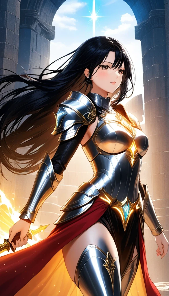 "(best quality: 1.2), masterpiece, 8K UHD super detailed, ((official art)), cg, 1 giant goddess of war, standing tall on the scene, her huge legs she stands steadfast amidst the ruins of fallen empires, (pose dynamic: 1.3), intricately detailed armor reflects the very heart of the conflict, (meticulous detail), blazing light radiant, radiant spots of light, (historically significant armor: 1.2), metallic glittering armor, (luminous magic symbol on the armor: 1.3), (mystical magic swirling around her : 1.3), detailed long black hair blowing in the wind, holding a meticulously detailed weapon, (sharp, glowing sword: 1.3), eyes shining with determination and vision, (( silver armor)), extremely detailed shield bearing a symbol of resilience, (fierce expression:1.1), behind her, vast sky crimson sunset:1.8, (wind carrying whispers of a new beginning:1.1), (wisdom and rebirth:1.2), (commanding pose:1.2), (overflowing mystical power:1.2), solo, (sparkling sweat:1.1), jeweled armor, (contrast between silver and gold: 1.3)".