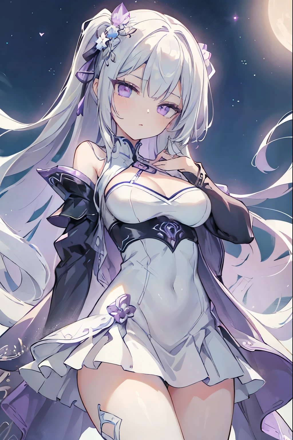 1girl, アニメ, cute girl, blank background, white background, fantasy, detailed fantasy dress with highlights, beautiful face, beautiful eyes, dark colors, black hair with multicolor streaks, red eye with different color pupil in eye, multicolor eye, medium breasts, slight cleavage, beautiful skin, cute, breast curtains, extremely delicate and beautiful, (beautiful detailed face:1.0), (detailed deep eyes), symmetrical breasts, deep eyes, shiny skin, portrait, slender waist, hips wider than shoulders, thighs, expressionless, young girl, luminous eyes, adorable,(Kpop idol),(aegyo sal:1),(Platinum blonde hair:1),((puffy eye)),Black panty,sexy posture,Superskirt, Ultra-high resolution,Black collar,slim figure, Abdominal y tattoo, womb tattoo,Tight-fitting leg ring,y tattoo on half-body,Bare skin, Armored hand,Hidden fingertips,Hand covered,Arm covered,Fist covered,{{beautiful detailed fingers}}, tufts of hair, moderate beautiful breast:1.0,(masterpiece:1.2), best quality, high-res, HDR, perfect face, intricate armor, delicate blue filigree, intricate filigree, red metalic parts, detailed part, dynamic pose, dynamic lights, cute face, neutral expression, shuimobysim, lotus, Hanfu, maxi skirt, dress conservatively 1girl, 独奏, long blue hair, standing, One lady,ars,((White hair) ,(Shiny purple bodysuit with microskirt),((Fantasy, Moon Night)), gradient_eyes,