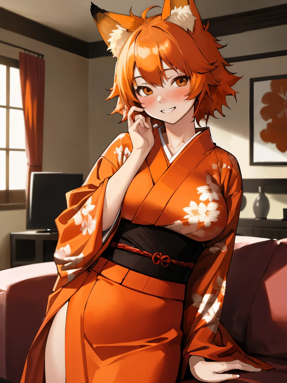 masterpiece, best quality,realistic,absurdres,1girl,looking at viewer, grin, living room, skinny, orange hair, fox ears, short hair, messy hair, red kimono, blush, blushing, big breasts, floral pattern