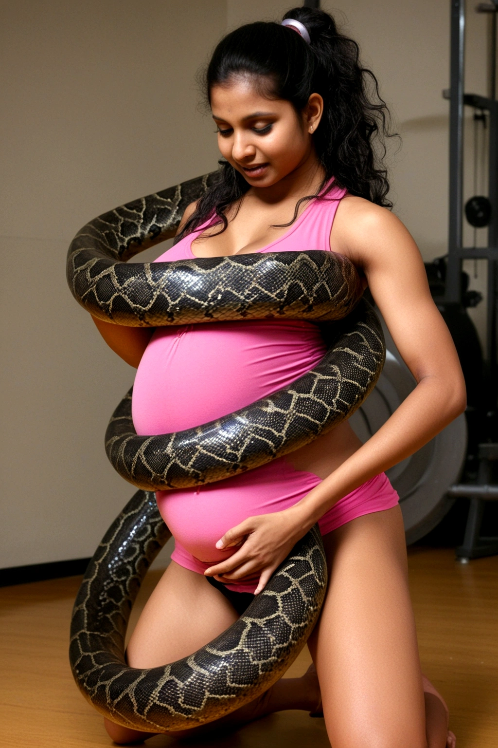 Pregnant Pink thong Happy Horny, aroused 1girl), beautiful kneeling young indian gym girl with giant colossal black titanboa squeezing her hard, wrapped in thick spiraling coils, constricted, struggle, gasping for air, snake attack, snake peril, moonless night, dim light nsfw