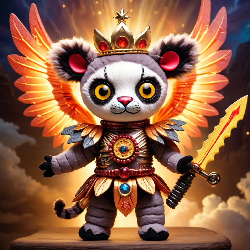 (knitted toy voodoo doll:1.9), (Voodoo Lemur:1.8), (Clothing: radiant armor with celestial symbols, glowing wings:1.0), (Accessories: flaming sword, divine shield, halo crown:1.2), (background: heavenly realm with golden clouds, celestial gates, and beams of divine light:1.2), best quality, masterpiece, detailed soft oil painting, detailed background, dramatic cinematic lighting, soft edge lighting, professional, dramatic lighting, hard edge lighting, ultra quality, 4k, masterpiece, best quality, 8k, ultra high definition, high resolution, extremely detailed
