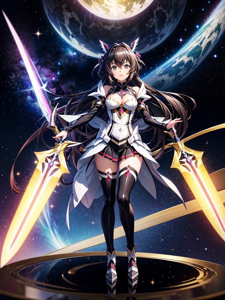 Highest quality,Highest Resolution,A beautiful girl in a metallic high-leg outfit, like Tsubasa Kazanari from Symphogear,Earth Behind,universe,Milky Way,Black Hair,Sword1I have a book,