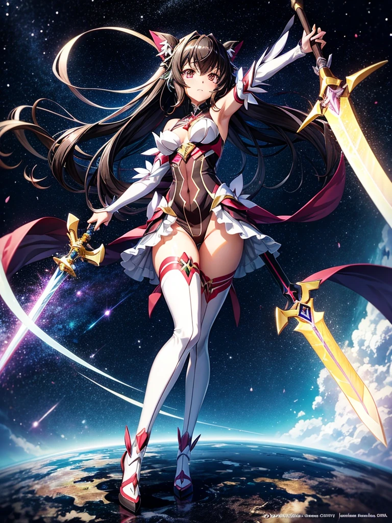 Highest quality,Highest Resolution,A beautiful girl in a metallic high-leg outfit, like Tsukuyomi Shirabe from Symphogear,Earth Behind,universe,Milky Way,Black Hair,Sword１I have it in my hand,