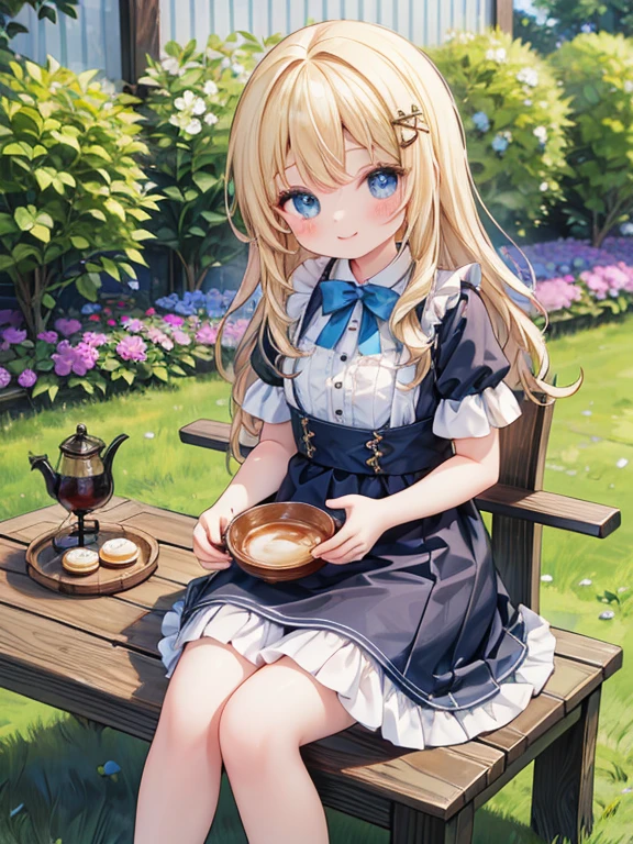 (8K, Highest quality, tableトップ:1.2), Ultra-high resolution, 7-year-old girl, Perfect Fingers, Detailed face, smile, blue eyes, Blonde, (wavy hair:1.5), Blue Apron Dress, garden, flower bed, table, tableクロス, Black tea, Tea cup, cake, Sit on a chair, Black teaを飲む
