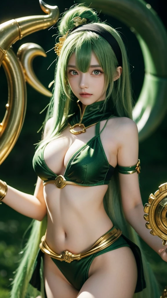 figure from head to toe of a girl with a green hair and big golden eyes with ouroboros-shaped handband, highly details, fantasy style, blurred stricks and spots in the background