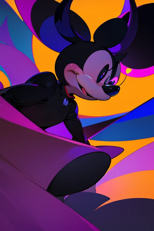 An abstract painting shows Mickey Mouse with eyes emitting a dark purple light, his smile was distorted into sinister sharp lines, while his ears turned into black horns that stood out from the darkness around him."