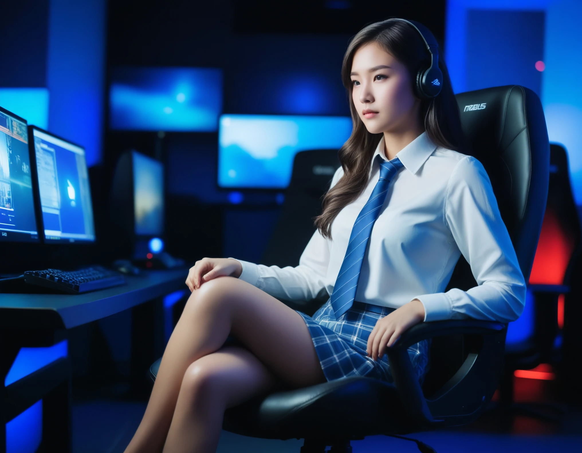 a young woman seated in a gaming chair at a computer setup, possibly in an internet cafe or gaming room. She is dressed in a  consisting of a white blouse, a plaid skirt, and a necktie, with her long hair styled simply. The environment is illuminated with blue-toned lighting, adding to the ambiance of a gaming or tech space. The woman appears to be focused on the multiple monitors in front of her, which display various gaming content and applications. She is barefoot, with one leg crossed over the other, and leans slightly forward, creating a relaxed yet attentive posture. The setting suggests an immersion in a gaming or streaming activity.
