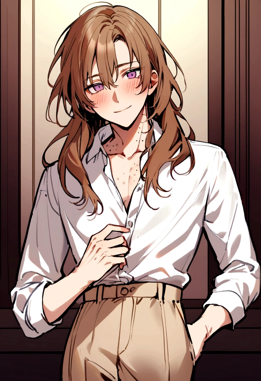 Create a boy who is around 20 years old. Shown from the waist up. Have your hair a little messy and a little short, copper color and lighter hair ends. Have lilac eyes, who has many marked and noticeable freckles all over his face, a mole on his neck and several moles on his body. Let him have a slight smile and a slight blush. Have a white button-down dress shirt and light beige pants.. That your waist is very thin and that you have a thin and subtle appearance,  that has a tender appearance 