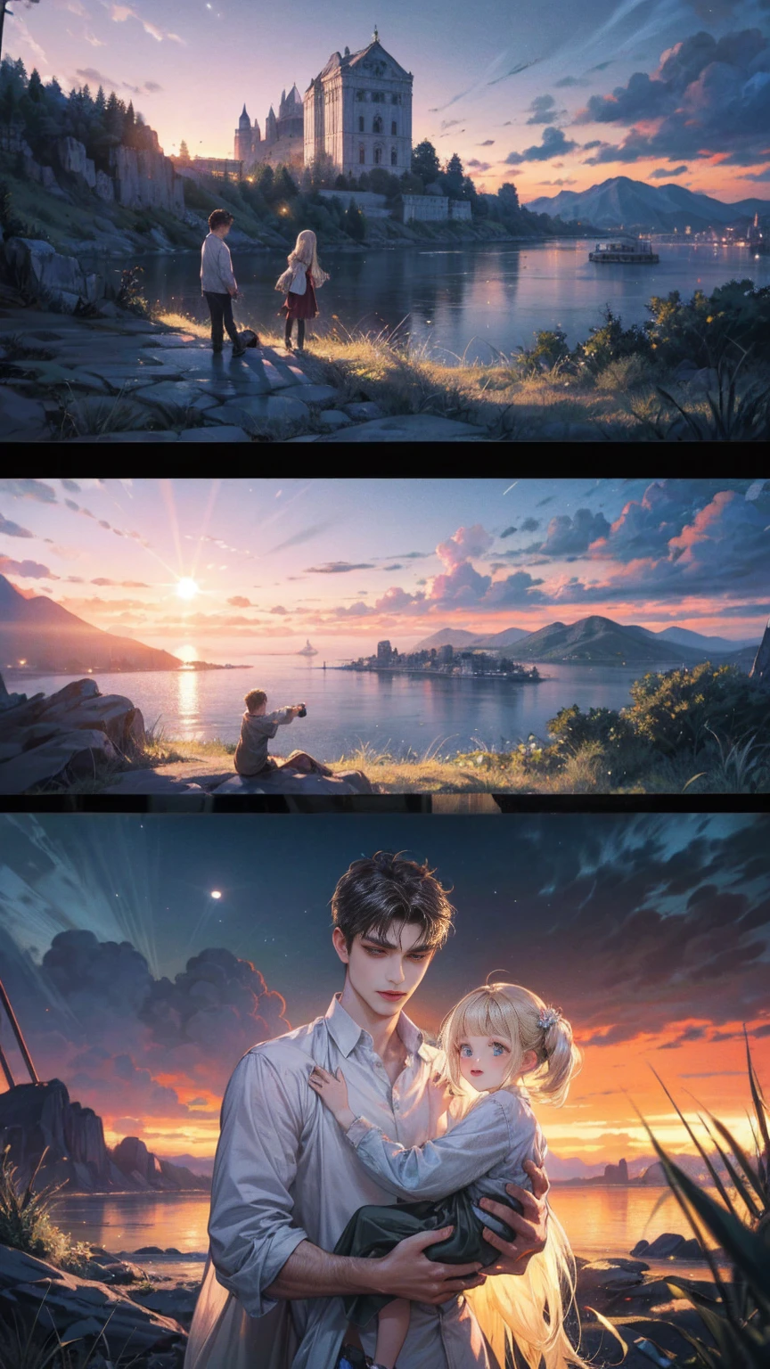 Mountain with the moon in the sky々and lakes, Highly detailed digital art in 4K, Highly Detailed 4K HD Wallpapers, Impressive and fantastic landscape, Sci-Fi Fantasy Desktop Wallpaper, Unreal Engine 4K Wallpaper, 4K Detailed Digital Art, Sci-Fi Fantasy Wallpapers, Epic dreamy fantasy landscape, 4K HD Matte Digital Painting, Amazing artwork in 8K "Under the clear blue summer sky, in the garden of a modern house in Pula, Croatia, a young father is warmly and tightly holding up his young twin children, a boy and a girl. The father, once Constantine I, displays an expression of love and forgiveness, showing no signs of fatigue from work. The twins, once Crispus and Fausta, have innocent and radiant smiles, enveloped in a sense of security in their father's arms. In the background, the sparkling sea and the stylish modern house bathed in summer sunlight extend. Light and shadow intertwine perfectly, with the whole scene exuding a glow symbolizing purification and relationship restoration."。Also friendly and pleasant relationship、divine atmosphere、A paradise of greenery and flowers、heaven、Blessings and Blessings、Beautiful fece、brilliance、ultra-quality、Ultra-high resolution、ultra-definition、Super beautiful、masterpiece