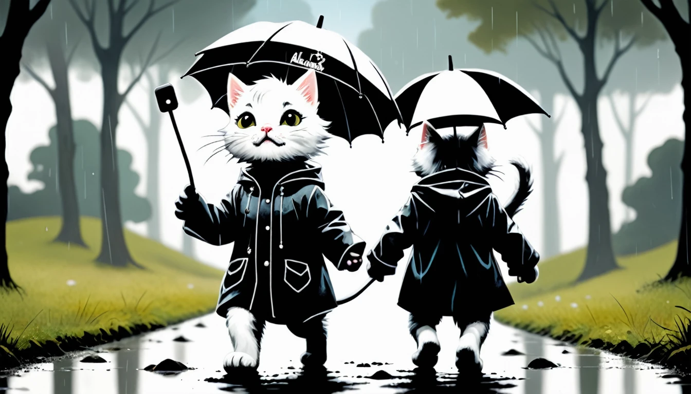 (photo cinematic), (((raining))), anthropomorphic, cute white kitten, raincoat, misty park, walking, listening to music on headphones, 2D, silhouette, Jean-Baptiste Monge style, Alan Lee style