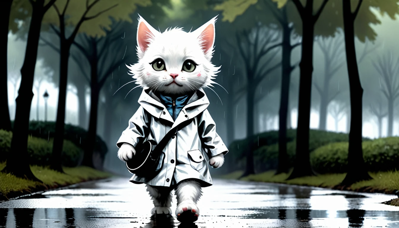 (photo cinematic), (((raining))), anthropomorphic, cute white kitten, raincoat, misty park, walking, listening to music on headphones, 2D, silhouette, Jean-Baptiste Monge style, Alan Lee style