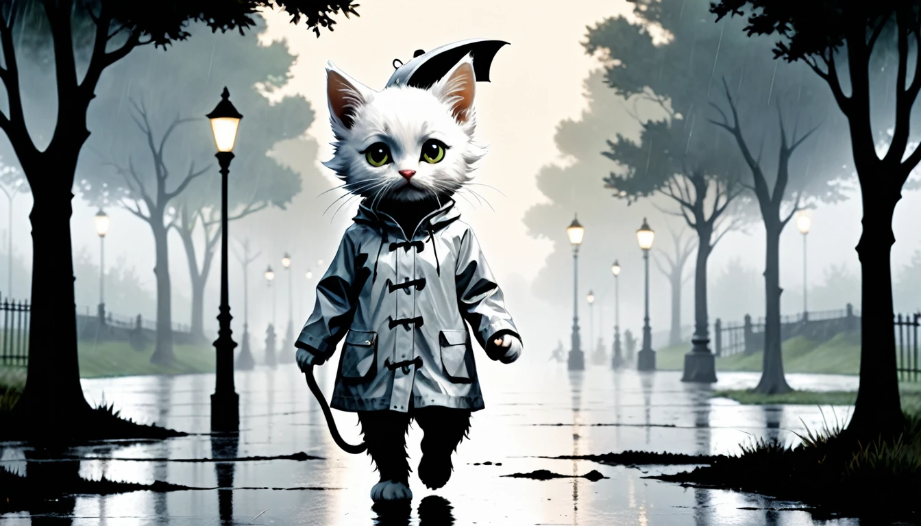(photo cinematic), (((raining))), anthropomorphic, cute white kitten, raincoat, misty park, walking, listening to music on headphones, 2D, silhouette, Jean-Baptiste Monge style, Alan Lee style