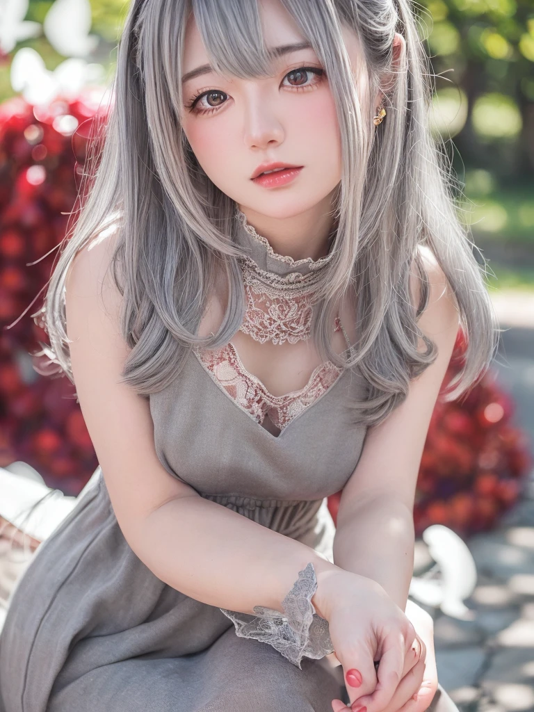 8K, RAW Photos, Fujifilm, Beautiful 20 year old woman style photo, (((Gray Hair:1.3,美しいGray Hairのストレートヘアー、シルキーなGray Hair)))、 Red rose on neck, Wearing a red and black lace dress:1.5, Gold earrings, Powerful features like spinning doves, (Highly detailed skin: 1.2), Light medium brown hair, Film Grain, 35mm, Cute Style